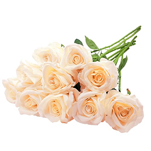 Kiecusoy 10Pcs Artificial Flowers Faux Roses Fake Silk Flowers Artificial Roses With Stem For Decoration, Wedding Party, Bouquet, Centerpiece, Garden, Home Decor (Champagne) #TOP5