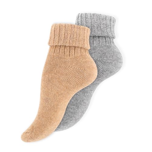 Wonky Line Womens Alpaca Wool Socks 2 Pairs Soft Warm Breathable Natural Wool Thermal Bed Socks Comfortable Ladies Home Socks (UK Numeric 5.5 8 Regular Regular Beige-Grey)