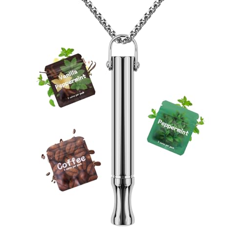 Breathing Necklace with Resistance Mindful Breathlace with 3 Flavoured Filters Refills Breathe Free Air Breathing Tool for Adults Calm Focus Yoga Meditation & Stress Relief Gifts - Silver