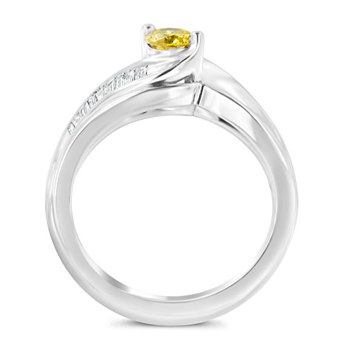 Original Classics 14K White Gold Baguette and Treated Yellow Round Cut Solitaire Diamond Engagement Ring (0.6 Cttw, Yellow Color, SI2-I1 Clarity) - Size 7-1/4