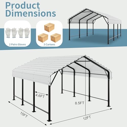 Image of Shintenchi 12x15 FT Metal Carport, Oversized Carport Garage with Enhanced Base, Outdoor Galvanized Car Shelter, Heavy Duty Carports Canopy, for Car, Boats and Tractors, White