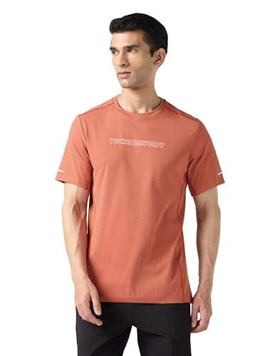 Image of TECHNOSPORT Men's Printed Slim Fit Henley Neck T-Shirt ELASTOLITE Half Sleeve Slip On Polyester for Gym Running Workout UPF50+ Anti Odour