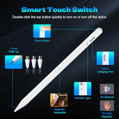 Image of Stylus Pen for Touchscreen,Luntak Universal Magnetic Fine Point iPad Pencil for Android & iOS Smartphone and Tablet,POM Tip Stylus Pen for iPad /iPad Pro /iPhone /Samsung /Lenovo /Huawei and so on-White