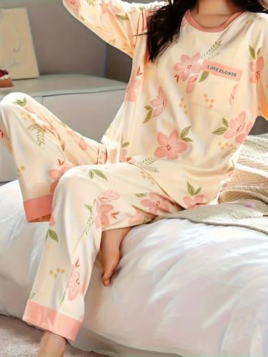 Image of GLASGO Women's Cotton Pajama Set with Top & Pants|| Korean Night Wear|| Loose Fit Home Wear || Lightweight Printed Set || Soft & Comfy Sleepwear for Girls & Women || LNS-4-$