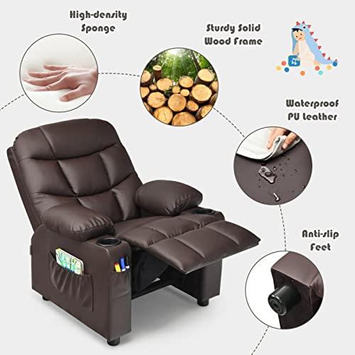 Kid Recliner Chair With Cup Holder, Adjustable Leather Lounge Chair With Footrest, Side Pockets For Living Room (Brown) #TOP6