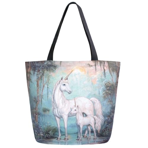 Forest White Unicorns with Child Extra Large Canvas Gym Shoulder Tote,Durable Daily Reusable Top Handle Bag for Mens Womens Yoga Weekender Picnic Beach Travel Market Shopping