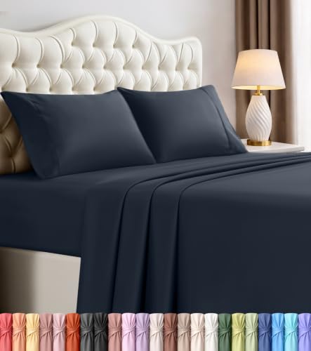 Image of California King Size Sheet Set - 4 Piece Bed Sheets, Soft and Breathable Microfiber, Includes 1 Fitted Sheet, 1 Flat Sheet and 2 Pillowcases - Oeko Tex (Navy)