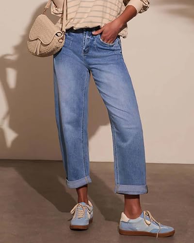 Women's High Waisted Boyfriend Jeans Stretchy Cuffed Hem Straight Leg Denim Pants2