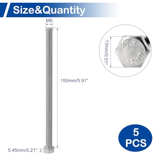 Image of MroMax 5Pcs M8-1.25 Hex Bolts, M8 x 130mm Hex Head Screws Bolts | 304 Stainless Steel 18-8, Fully Threaded, External Hex Drive, for Mounting Chair, Rail, Wheels, Boat and Plastic Bumpers