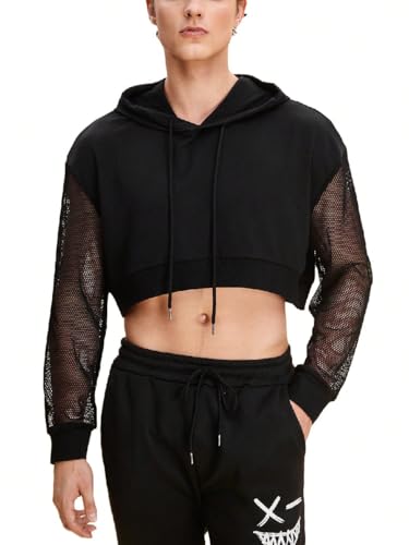 WDIRARA Men's Drawstring Mesh Long Sleeve Hoodie Sweatshirt Pullover Crop Top