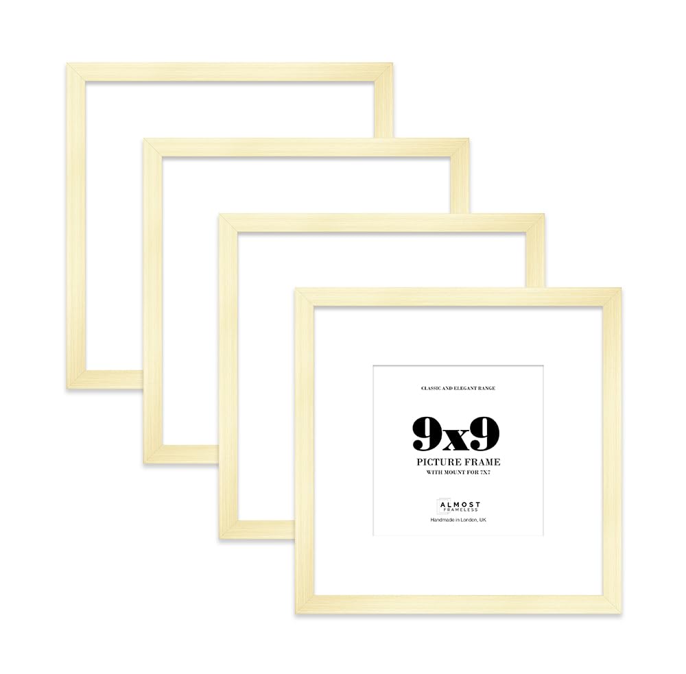 9x9 Gold Picture Frame with Mount for 7x7 Photos, Prints - Modern Square Wall Frame, Set of 4