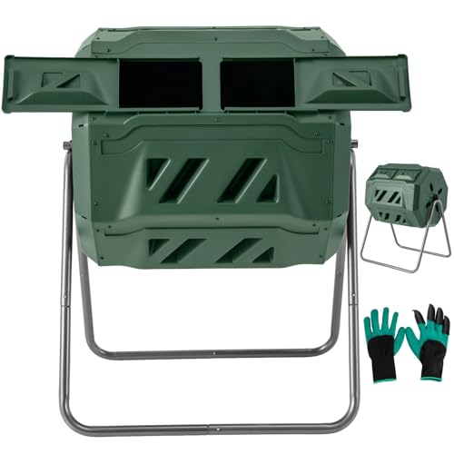 TANGZON Garden Tumbling Composter, 160L/164L Dual Chamber 360° Rotating Compost Bin with 2 Sliding Doors, Outdoor BPA Free Aerating Waste Bin Composting Tumbler (160L, 74 x 63 x 93 cm, Green+Black)