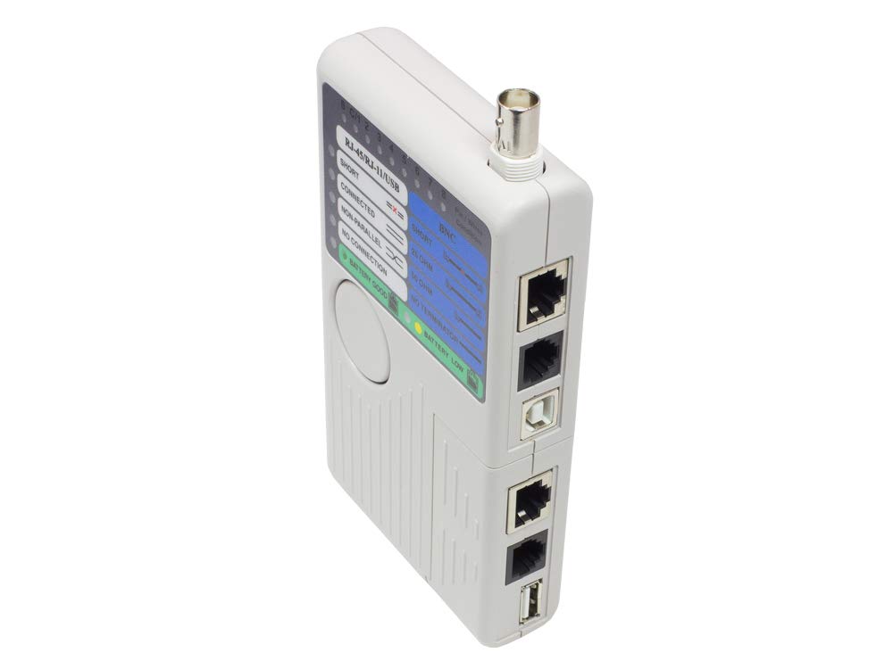 Good Connections Tester kabli sieciowych z jednostką zdalną – do RJ45, RJ11, UTP/STP/BNC/USB – sprawdza przebieg, zwarcie, wymianę żył i uszkodzenie kabla, szary