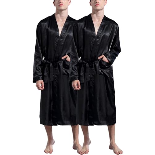 Men's Long Sleeve Robe 2 Pack Halloween Satin Bathrobe Soft Summer Silky Comfy Lightweight Valentines Day