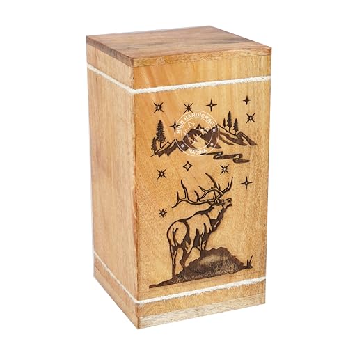 Image of Handcrafted Floral Engraved Wooden Urns for Human Ashes Adult Large - Cremation Urn for Ashes - Burial Urn for Columbarium - Funeral Urn Box (Buck Deer Mountain, 250 LB - Hardwood)