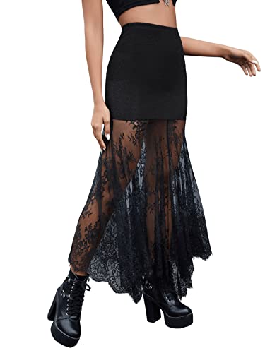 SweatyRocks Women's High Waisted Floral Lace Sheer Mesh Mermaid Maxi Skirt3