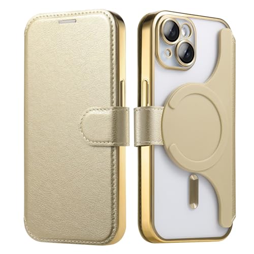 【磁石2in1分離式】 スマホケース 対応 iPhone15 ケース 手帳型 背面 クリア 透明 カード収納 マグネット開閉式 メッキ加工 レンズカバー付き RFID盗難防止 高級なPUレザー+TPU アイフォン15 用 クリアカバー (イエロー, iPh