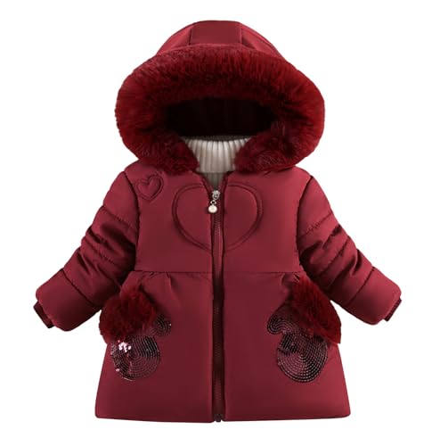 FEOYA Kid Mantel Winter Mit Kellkapuze Baby Kindermantel Fleece Outdoor Mädchen Steppmantel Warm Parka Kinder Winterjacke Puffer Freizeit Mantel Wasserdicht Teddy Gefüttert Glänzend Weinrot 4 5 Jahre
