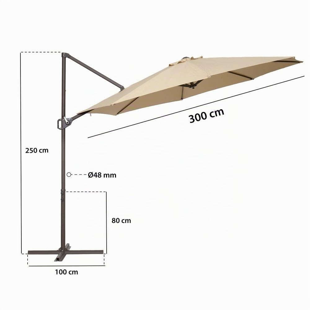 MONTY Parasol excéntrico alta RESISTENCIA, de Ø300 cm, Beige, mástil Ø48mm de Acero Marrón Topo, con Antiviento, Manivela y barra Estabilizadora, Elegante y Duradero, tratamiento Anti-corrosión