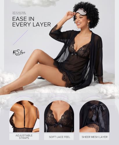 Image of RSLOVE Women Sexy Lingerie Set 3 Piece Babydoll & Lace Kimono Robe Strap Chemise Sleepwear Mesh Nightgown