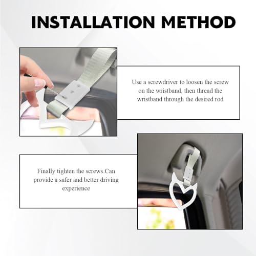 Image of 2PCS Heart shaped Car Handle Straps, Heart Car Accessories, Ring Hearts Shaped Cars Hand Strap Drift Charm, Universal Handle Keychains Accessory Suitable for Cars Bus (White+silver)