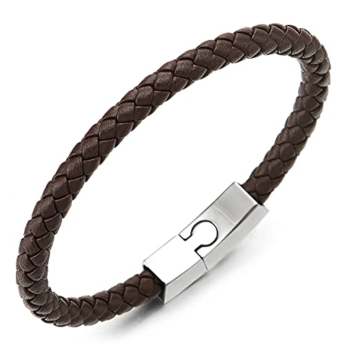 COOLSTEELANDBEYOND Unisex Dünn Leder Armband für Herren Damen, Braun Geflochtenes Leder Armreif Schweißband mit Edelstahl Magnetverschluss
