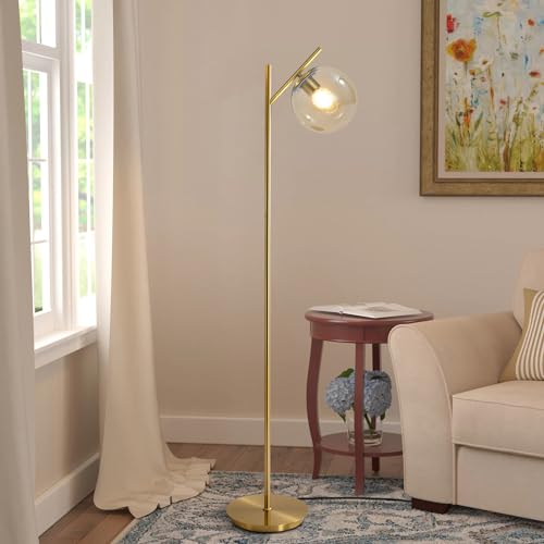 Image of Mid Century Modern Floor Lamp for Living Room Retro Vintage Brass Standing Light Industrial Cognac Glass Globe Floor Freestanding Lamp for Office Hotel Bedroom