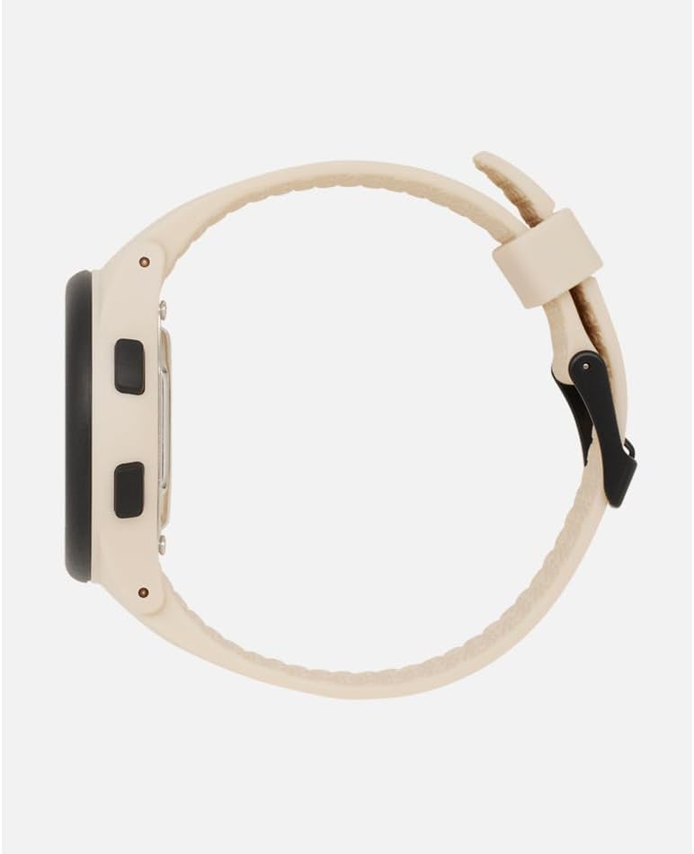 Ochr view of the Rip Curl Digital Automatic Watch 00EWTI, showing the thickness of the case and the texture of the polyurethane strap.