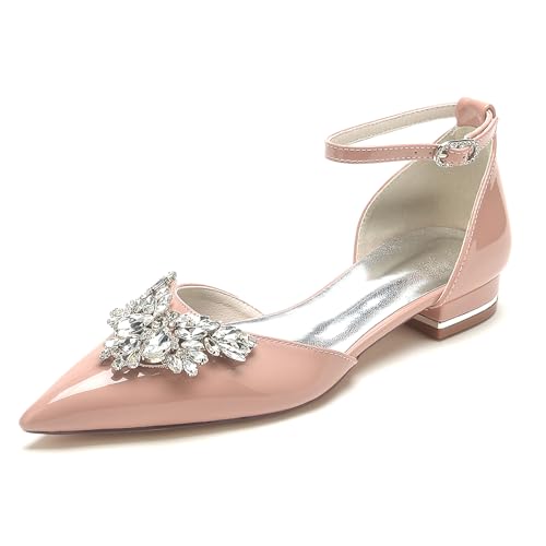 Women Pointed Toe Patent Leather D'Orsay Wedding Flat Shoes Sparkly Rhinestones Ankle Strap Low Heel Bridal Dress Shoes