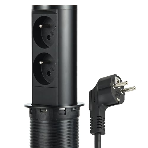 Electraline 35464 Bloc Multiprise Escamotable Pop-up 2 Prises Françaises, Diamètre Standard 60mm, Prise encastrable pour Cuisine, Bureau, Corps en acier inoxydable Noir