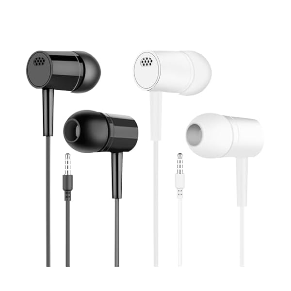 Wired Earbuds 2 Packs, 3.5mm Jack Earphones for Phone, Noise Isolating in-Ear Headphones, Clear Sound & Bass, Tangle-Free Cord (Black & White)