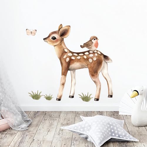 Vinilo Decorativo Cute Fawn and Bird Cartoon miniatura 3