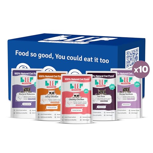 Image of BLEP All Recipes 100% Natural Wet Cat Food | Tuna, Mackerel, Sardine, Juicy Chicken & Cheeky Chicken | Human Grade, Zero Preservatives | High Protein Meal for Kittens & Adult Cats | 50g | 10 Pack