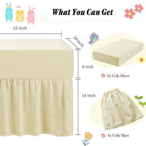 Image of Horbaunal 2 Pack Crib Skirt & Crib Bed Sheet Set, Cream Crib Bed Skirt 28 inch x 52 inch with 14 inch Drop Dust Ruffle, Soft Microfiber Toddler Bedskirt Nursery Bedding Skirt for Baby Girls and Boys