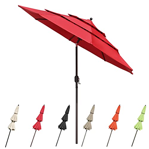 Yescom 10FT 3 Tier UV70+ Aluminum Push Tilt Patio Umbrella Crank Handle Water Resistant for Outdoor Beach Yard Deck Table Garden Backyard Red