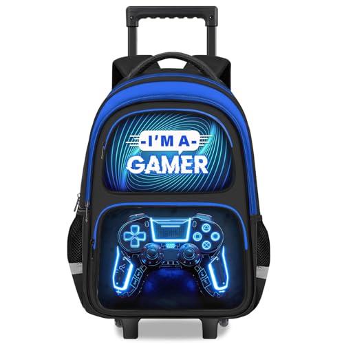 Boys Rolling Backpack for Kids - Gamer Boys Rolling Backpack with Wheels, Multifunctional Wheeled Bookbag for Elementary Middle School, Lightweight Travel Roller Bag