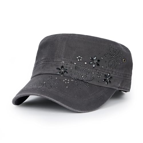 Image of ililily Crystal Gemstone Stud Flower Vintage Cotton Military Army Hat Cadet Cap