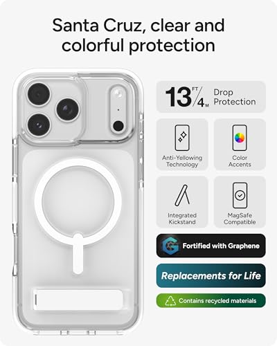 Image of ZAGG Santa Cruz Snap Case with Kickstand for iPhone 17 Pro Max - White, Drop Protection (13ft /4m), MagSafe Charging Compatible, ClearGuard Anti-Yellowing Technology, Scratch Resistant Phone Case