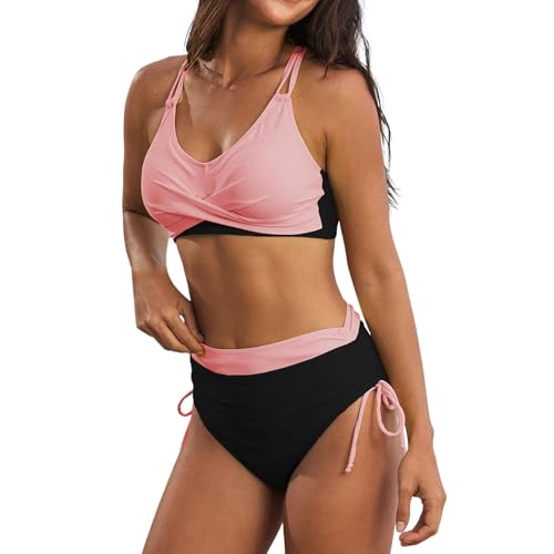 Conjunto de bikini para mujer de dos piezas de cintura alta con control de abdomen, parte superior de pecho push up con pantalones cortos con cordón lateral, trajes de baño de verano con bloques de