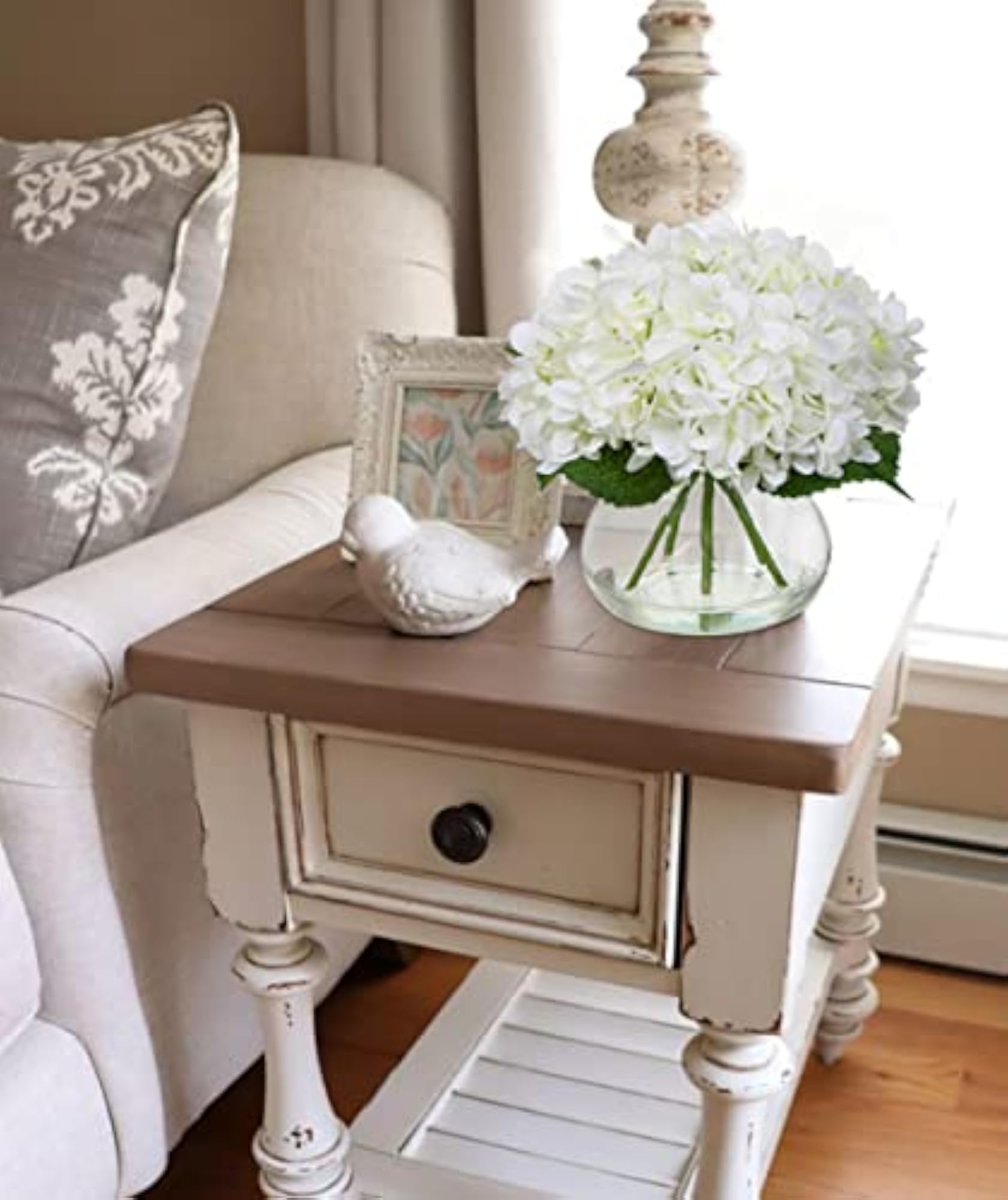 Large Artificial White Silk Hydrangea Flowers Arrangement with Glass Vase