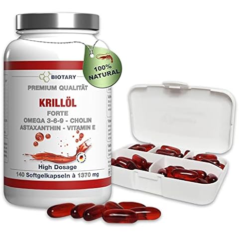 BIOTARY Krillöl Softgel Kapseln, 140 Kapseln, 1040mg Tagesportion, inclusive Pillenbox, Omega 3, 6, 9, Astaxanthin, Vitamin E, Choline, Phospholipide, Laborgeprüft, in Premiumqualität, Phospholipide Cover