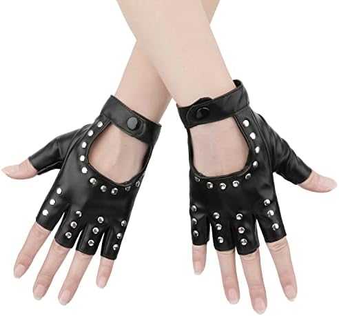 KINBOM Stylish Fingerless Leather Gloves - Biker Punk Gloves for Halloween, Women, Girls, Cosplay & Performance (Black)