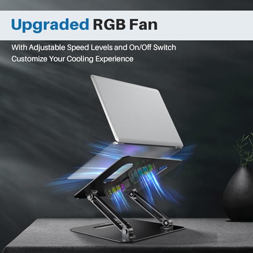 Image of YICOSUN Adjustable Laptop Cooling Stand with 2 Quiet Fans & RGB Lighting, Aluminum Alloy & Foldable Ergonomic Design for MacBook, Lenovo, ASUS, Dell 10-16 Inch, Perfect for Gaming, DJ, Office - Black
