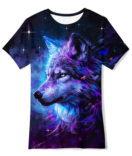 Fanient T-Shirts T-Shirt pour Garçons et Filles T-Shirt Imprimé Loup Galaxie Chemise à Manches Courtes Style Rue pour Enfants 13-14 Ans L