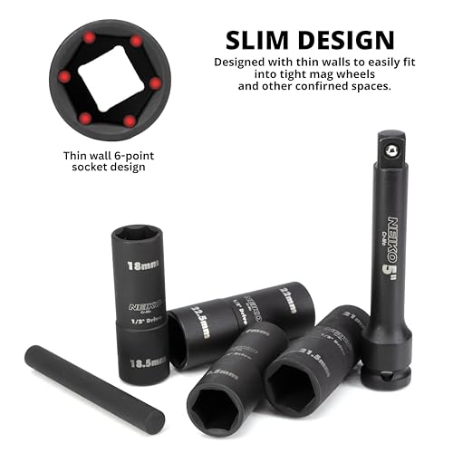 Image of NEIKO 02290B Lug Nut Socket Set, 1 /2 inch Impact Thin Wall Flip Socket Set, Half Size Wheel Socket Set, Metric 6 Point, 5 inch Extension Bar & Knockout Bar, 18.5mm, 19.5mm, 21.5mm, and 22.5mm