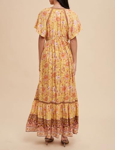 Image of R.Vivimos Women's Summer V Neck Maxi Dress Boho Floral Print Short Sleeve Elastic Waist Ruffle Patchwork A-Line Beach Dress