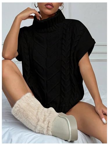 MakeMeChic Women's Turtleneck Cable Knit Sweater Vest Tops Short Sleeve Pullover Top4