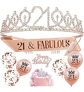 Auliuse 21th Birthday Sash and Tiara Set for Girls, Rose Gold Birthday Sash Crown with Balloons H...