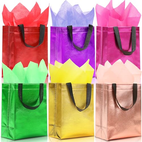 KeerxunBag 12pcs Reusable Gift Bags（Includes Tissue Paper） Gift bag with handle Birthdays Parties Holidays Weddings Medium 10x4x8in blue Gift Bags