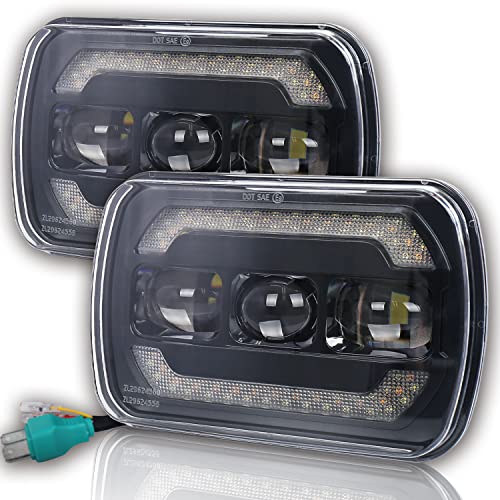 Sinoparcel H6054 Led Headlights, 5x7 7x6 Inch High/Low Sealed Beam with DRL and Turn Signal - 6500K DOT Approved Halogen Replacement with H4 Plug -Pack of 2